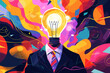 Visionary businessman with a lightbulb for a head generates groundbreaking ideas, surrounded by vibrant, abstract shapes that represent the boundless potential of workplace innovation and creativity