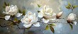 A painting of white magnolia flowers in full bloom on a branch, showcasing delicate petals and intricate details.