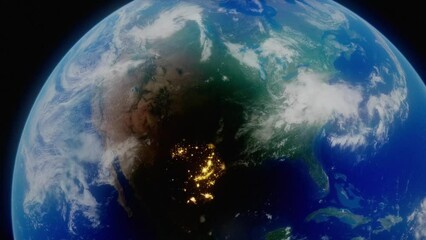 Wall Mural - 4K HDR Earth animation concept, visualizing the April 8th, 2024 solar eclipse across North America, as seen from high in orbit above planet Earth, with city lights revealed by the shadow. HDR