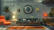 Retro-futuristic living area featuring mid-century modern furniture and a digitalized grey wall background / AI-rendered design attractive look