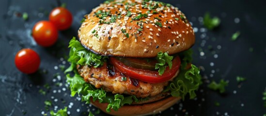 Wall Mural - A top-down view of a mouthwatering chicken burger topped with fresh tomatoes and crisp lettuce.