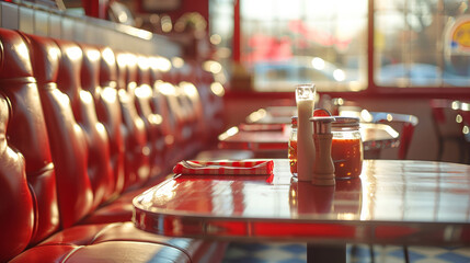 Nostalgic diner scene with red booths and condiments