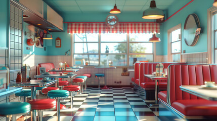 Classic 50s diner setup with bright window light