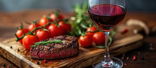 Wall Mural - A glass of wine sits next to a juicy steak on a wooden cutting board, complemented by fresh tomatoes.