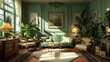 a vintage-inspired green living room interior with AI, incorporating classic furniture and d?(C)cor attractive look