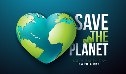 Wall Mural - Earth Day Illustration with Planet in the Heart on Blue Background. World Map on April 22 Environmental and Eco Concept with Typography Lettering. Vector Design for Postcard, Banner, Greeting Card