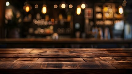 Wall Mural - Wooden table blurred background of restaurant of cafe with bokeh