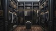 Use AI to illustrate a lavish closet interior with a focus on grey-toned clothing items, elegantly arranged on shelves for a sophisticated look attractive look