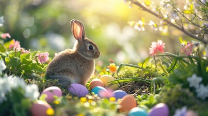 Audubons Cottontail rabbit is hidden in the vegetation next to Easter eggs in its natural environment of grass and flowers AIG42E