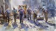 Artistic watercolor portrayal of workmen, highlighting the harmony of teamwork in gentle hues
