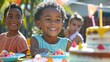 Experience the joyous celebration! Witness children celebrate their birthday in the yard with balloons, cake, and outdoor games. Feel the festive atmosphere of laughter, joy, and childhood happiness.