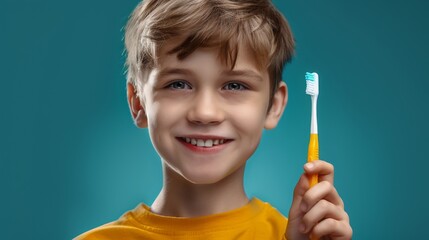 happy smile white kid boy child holds a toothbrush in hand on a blue isolated background. Pediatric dentistry for brushing teeth