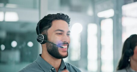 Canvas Print - Man, headset or mic in helpdesk, call centre or telemarketing as crm, communication or support. Male agent, tech or headphones to talk business, sales or advice as happy, telecom or customer care