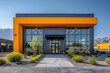 Photograph of an industrial building in Arizona with modern architecture, exterior shot of the entrance to the warehouse with a yellow and black color scheme. Created with Ai