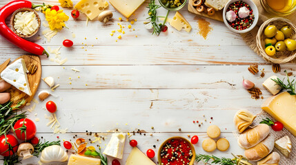 Poster - on a wooden white board, a frame of assorted cheeses and tomatoes with space for text