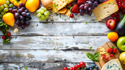 Wall Mural - on a wooden white board assorted cheeses and vegetables and fruits with space for text