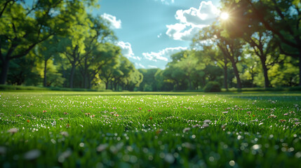 Beautiful blurred background image of spring nature with a neatly trimmed lawn surrounded by trees against a blue sky with clouds on a bright sunny day.