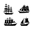 set of sailing ship silhouettes on isolated background