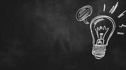 Hand drawn light bulb with a communicating speech bubble, doodle style on a classic blackboard background.