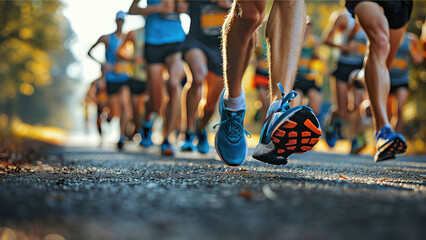 Close-up of the legs of a group of runners in a popular race, running on an asphalt road.