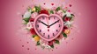 Romantic Heart-Shaped Clock Surrounded by Pink Flowers: A Symbol of Love. Concept Love, Romance, Heart-Shaped Clock, Pink Flowers