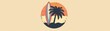 Simple surfboard and palm tree icon, evoking a sense of surf culture, against a soft pastel shade.