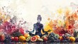 Watercolor scene of a person in lotus pose amid vibrant fruits and vegetables, highlighting serene healthy eating connection. Emotional OverEating Awareness Month.