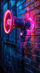 Neon megaphone on a dark brick wall background, casting a glow, symbolizes announcements, advertising, public address, and the concept of getting heard