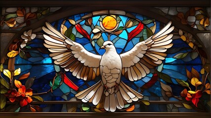 Wall Mural - Vibrant stained glass The winged dove symbolizes the Holy Spirit of the New Testament.