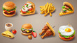 A comprehensive 3D vector icon set representing fast food and street food includes popular items such as pizza, roasted turkey, hamburger, scrambled eggs, brocheta, fried fish, tacos.