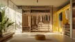 a visually appealing representation of a minimalistic walk-in wardrobe with yellow wood details attractive look