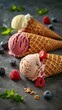 Colorful fruit ice cream balls with berries in waffle cones on a gray background