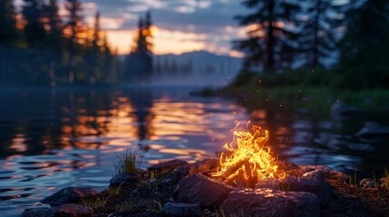 Wall Mural - Campfire warmth by tranquil waters at dusk