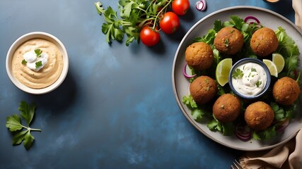 Wall Mural - freshly prepared falafel served with yoghurt and hummus. View from a high angle with copy space
