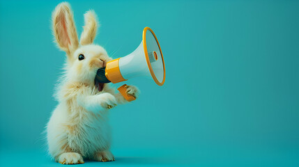 easter bunny holding megaphone for business advertisement, promotion, marketing, broadcasting