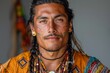 A handsome indigenous man in traditional attire reflects his cultural heritage with pride.