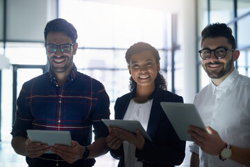 Leinwandbilder - Office, business people and tablet in portrait to analyze data, capture leads and give demonstration as sales representative team. Corporate, teamwork and collaboration with smile or tech for work