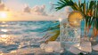 Cold transparent coctail with ice on sunny sandy beach under the palm leaves and ocean waves with clouds in the sky