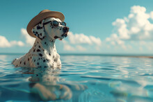 A Dalmatian Dog Wearing Sunglasses And A Hat Is Swimming In The Sea With A Blue Sky And White Clouds In The Style Of C4D Rendering. Created With Ai