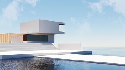 Wall Mural - 3d render, Architecture building with landscape sea and sky background, abstract futuristic architecture design, horizontal view, empty scene for mock up.