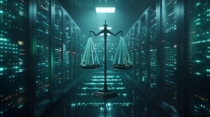 Digital concept Law scales on background of data center.