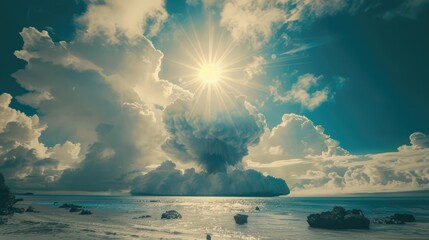 Wall Mural - Nuclear blast over the ocean on sunny day. Fire mushroom cloud. Atomic bomb explosion during world war. AI Generated