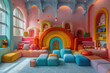 Vibrant, pastel-colored playroom with walls designed to look like colorful rainbows and arched doorways. The space is filled with plush seating for children playing together. Created with Ai
