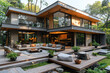 A modern two-story house in the woods with an open living room, dining area and kitchen on each floor. Created with Ai