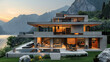 A modern three-floor house with glass windows and large balconies overlooking a lake in an Italian mountainous area. Created with Ai