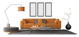 Fototapeta  - Contemporary living room design with an orange couch, elegant decor, and neutral color palette for a cozy atmosphere, on transparent background -3d rendering