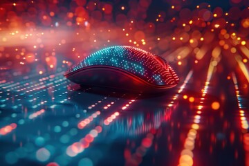 Close-up of a computer mouse clicking on a holographic download icon, with a backdrop of fast-moving digital code