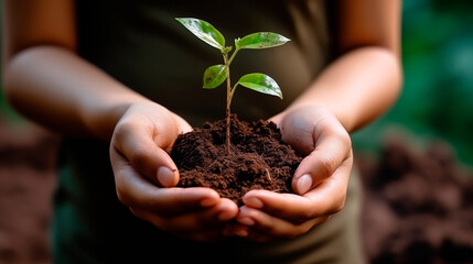 World Earth Day. Side view of female hands holding soil in the shape of a heart. A small green plant in female hands. Ecology concept. Nature