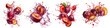 Set of plums exploding and bursting into pieces with juice splatters in different directions, isolated on a white or transparent background. Fruit explosion, plums juice splashes, side view