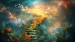 A mystical staircase ascends into a celestial sky, evoking a sense of wonder and the journey to transcendence.